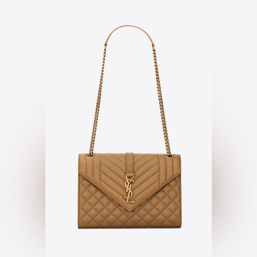 Saint Laurent Envelope Medium Shoulder Bag in Tan Matelassé Lambskin